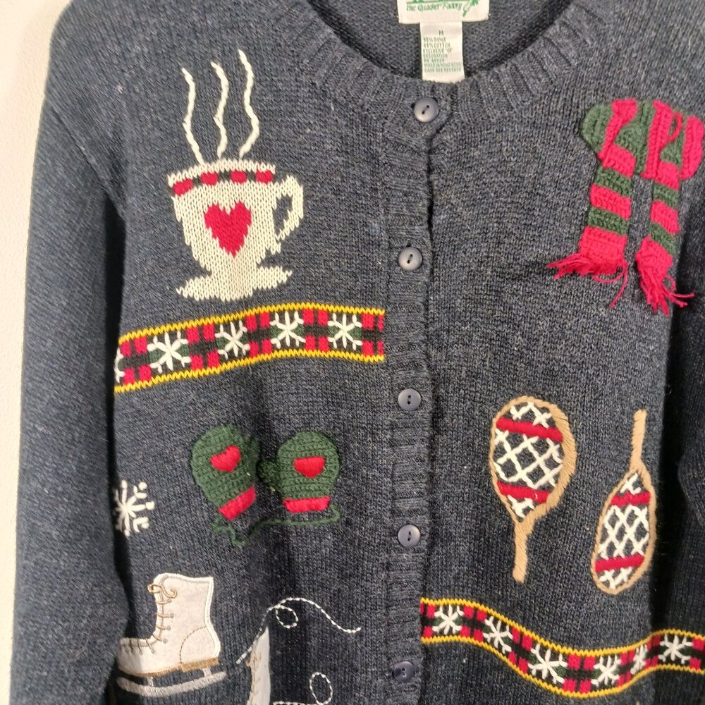 Quaker Factory Novelty Cardigan, Dark Gray Ski Winter Theme, SZ M, Holiday Cabin - Picture 6 of 14